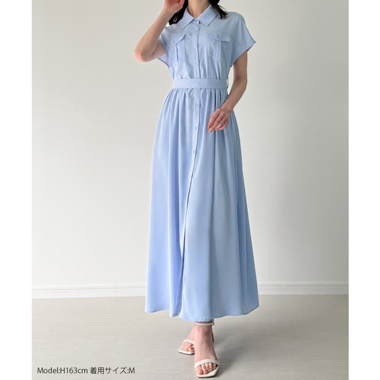 ウエストリボンフレアシャツワンピース(薄手、裏地なし、ぺチスカートset) | JUNOAH | 詳細画像2 