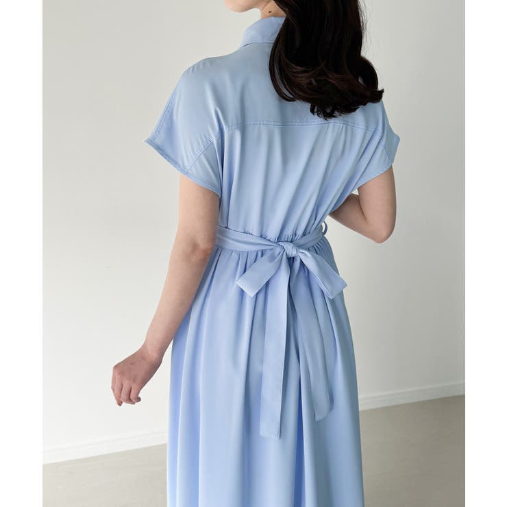 ウエストリボンフレアシャツワンピース(薄手、裏地なし、ぺ