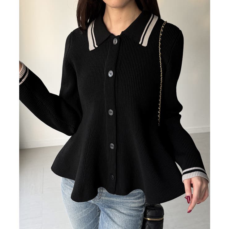 ポロ襟ライン入りペプラムデザインニット | JUNOAH | 詳細画像1 