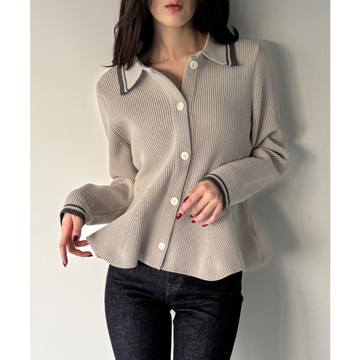 アイボリー | ポロ襟ライン入りペプラムデザインニット | JUNOAH