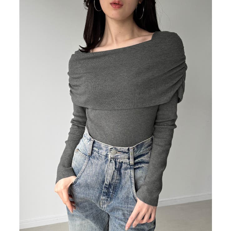 チャコール | オフショル風ドレープニット | JUNOAH