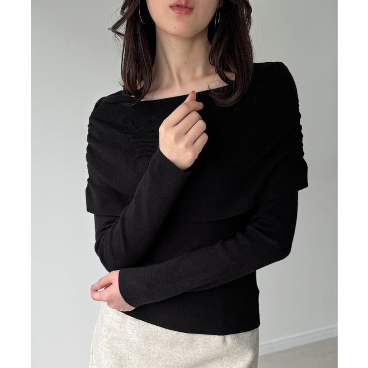 ブラック | オフショル風ドレープニット | JUNOAH