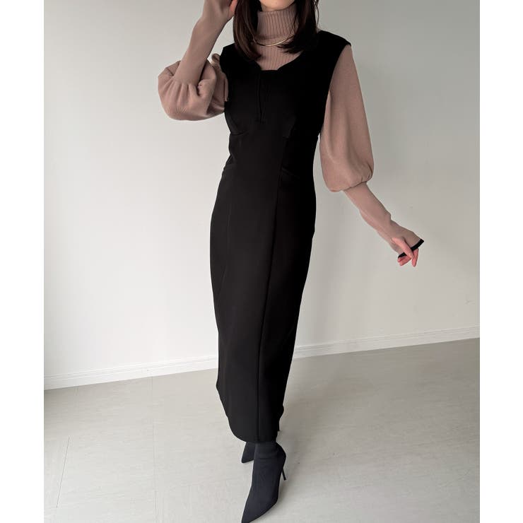 袖ボタンシアーブラウス＋IラインジャンパースカートSET（薄手