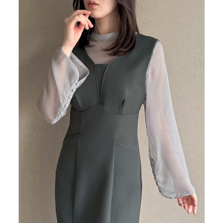 袖ボタンシアーブラウス＋IラインジャンパースカートSET（薄手、裏地無し） | JUNOAH | 詳細画像14 