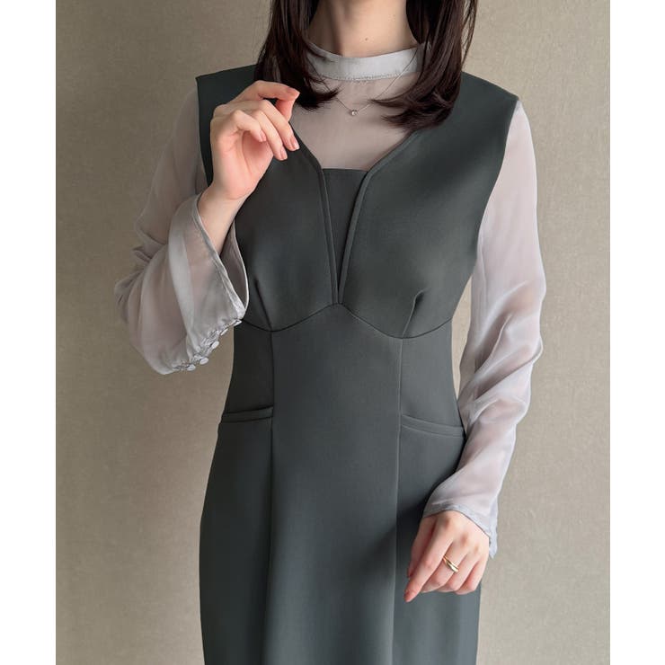 袖ボタンシアーブラウス＋IラインジャンパースカートSET（薄手、裏地無し） | JUNOAH | 詳細画像15 