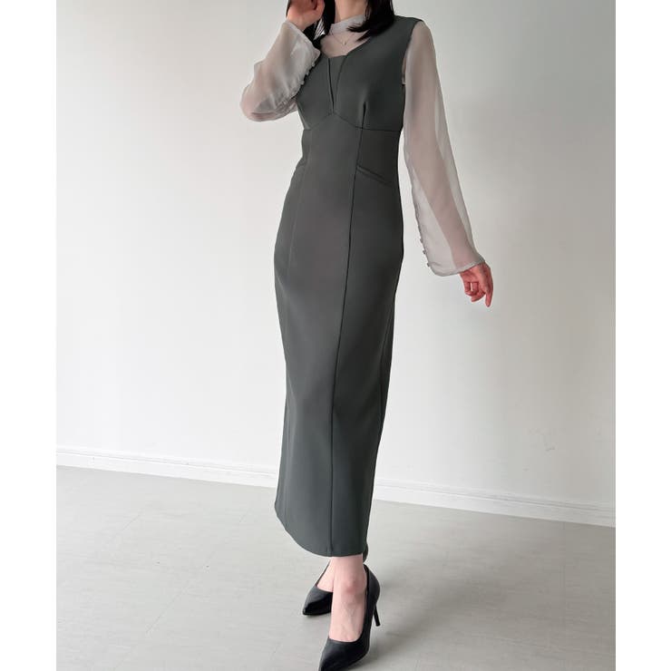 袖ボタンシアーブラウス＋IラインジャンパースカートSET（薄手、裏地無し） | JUNOAH | 詳細画像16 