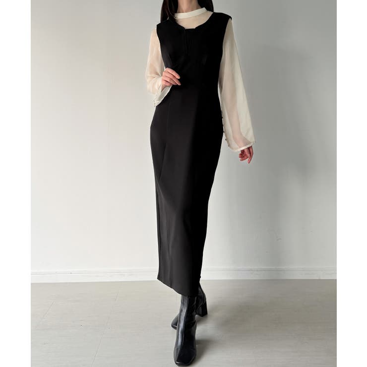 Bブラック | 袖ボタンシアーブラウス＋IラインジャンパースカートSET（薄手、裏地無し） | JUNOAH