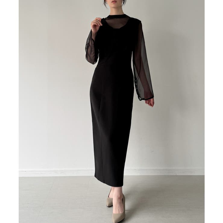 Aブラック | 袖ボタンシアーブラウス＋IラインジャンパースカートSET（薄手、裏地無し） | JUNOAH