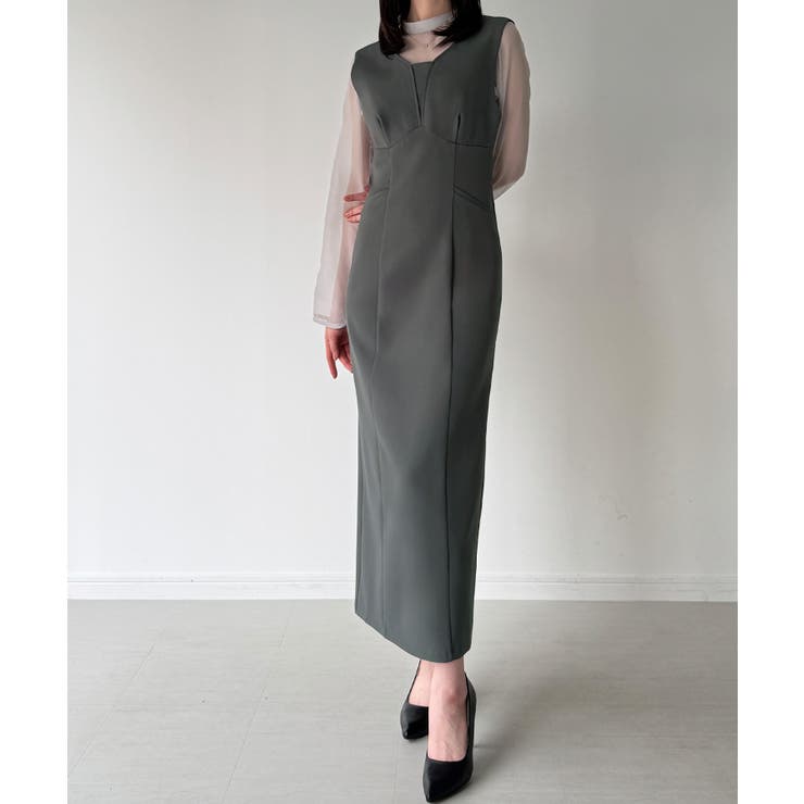 チャコール | 袖ボタンシアーブラウス＋IラインジャンパースカートSET（薄手、裏地無し） | JUNOAH