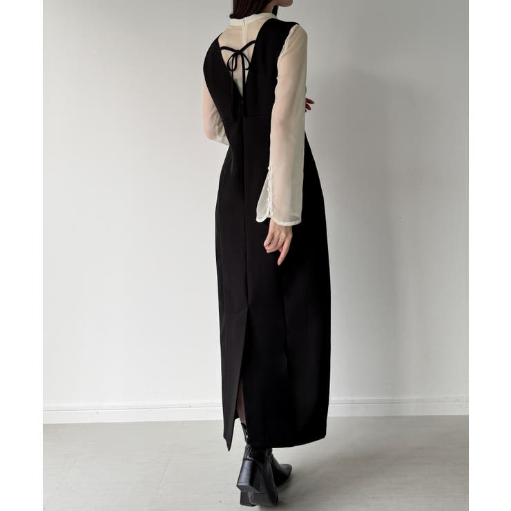 袖ボタンシアーブラウス＋IラインジャンパースカートSET（薄手、裏地無し） | JUNOAH | 詳細画像4 