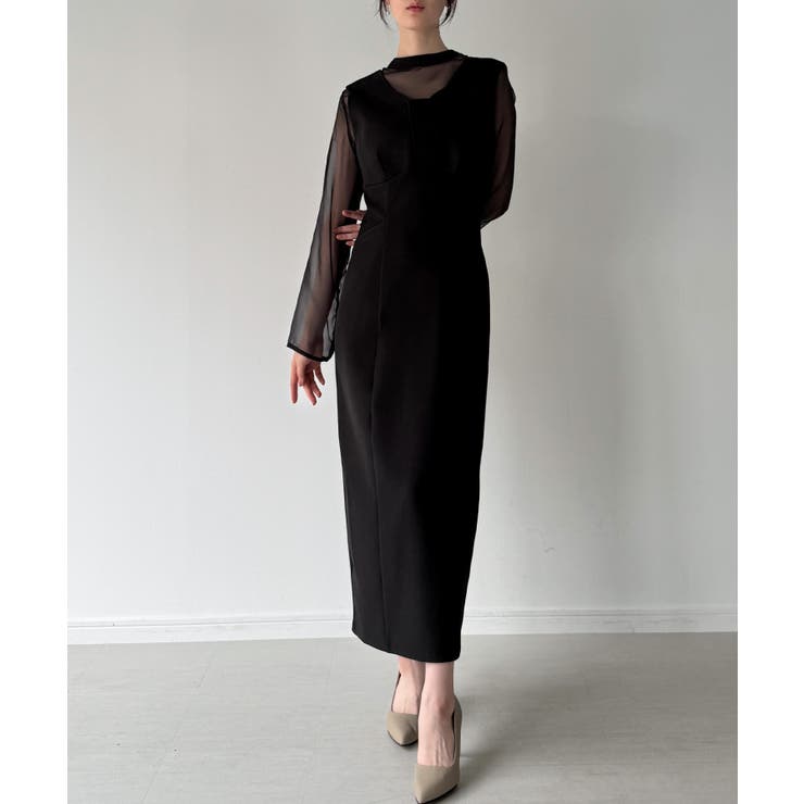 袖ボタンシアーブラウス＋IラインジャンパースカートSET（薄手、裏地無し） | JUNOAH | 詳細画像6 