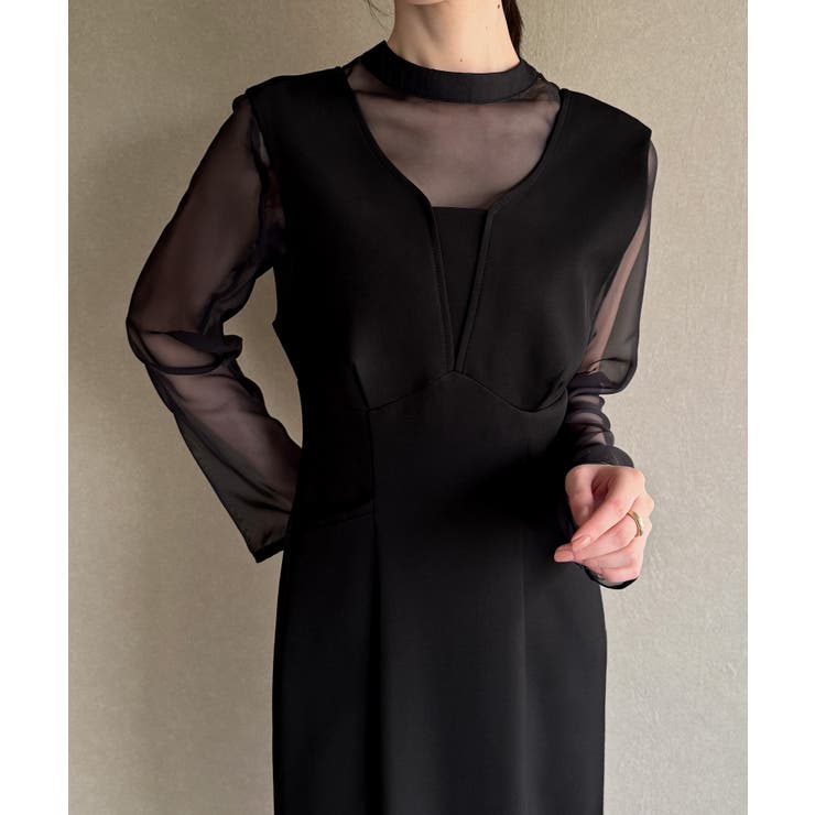 袖ボタンシアーブラウス＋IラインジャンパースカートSET（薄手、裏地無し） | JUNOAH | 詳細画像9 