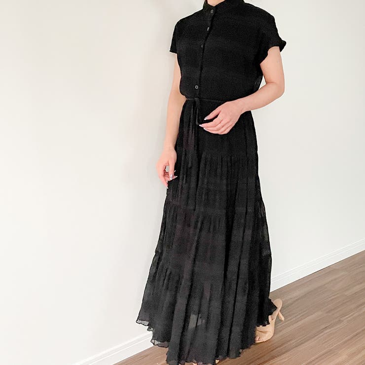 スタンドカラーシャーリングプリーツティアードワンピース[品番