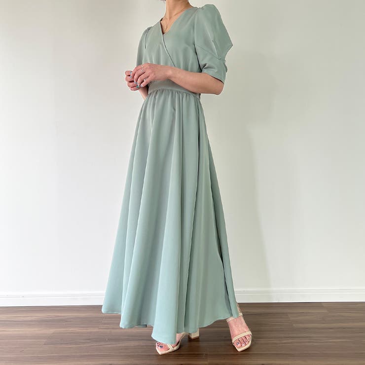 【専用】パフスリーブ　ロングワンピース パフスリーブカシュクールロングワンピース[品番：AMTW0003990