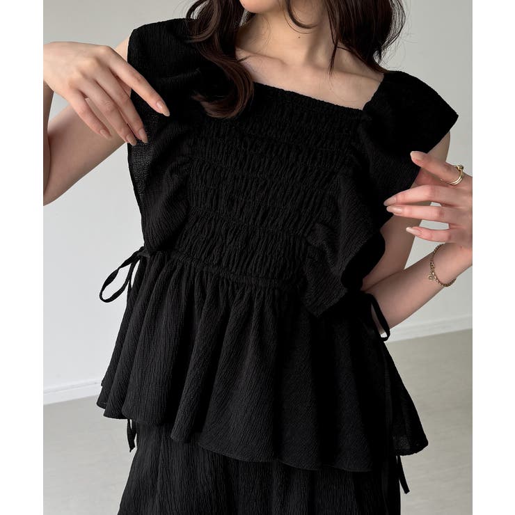 ブラック | 楊柳フリルシャーリングトップス＋パンツSET | junoah