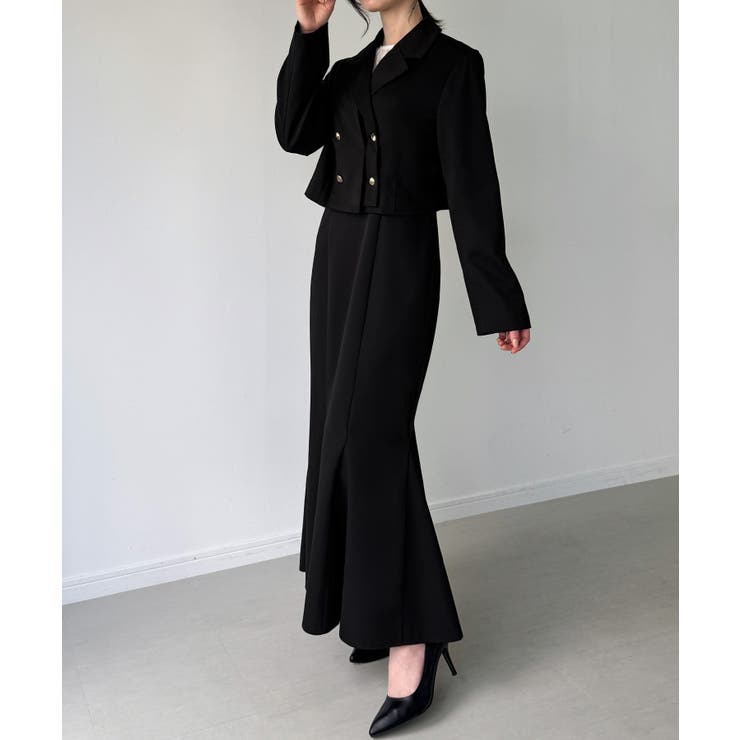 ブラック | レイヤードデザインショートジャケット＋マーメイドキャミワンピースset | JUNOAH