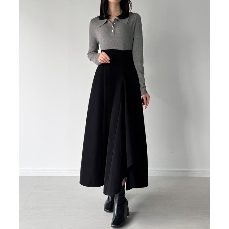 チャコール | ポロニットドッキングラッフルフレアワンピース(薄手、裏地なし) | JUNOAH