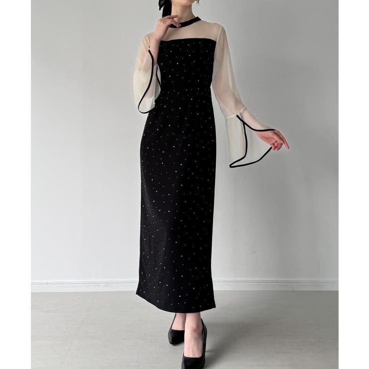 ベルスリーブキラキラタイトドレス[品番：AMTW0012664]｜JUNOAH