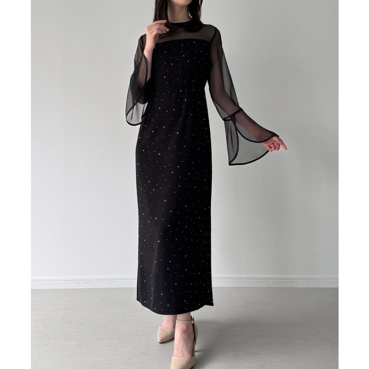 Aブラック | ベルスリーブキラキラタイトドレス | JUNOAH