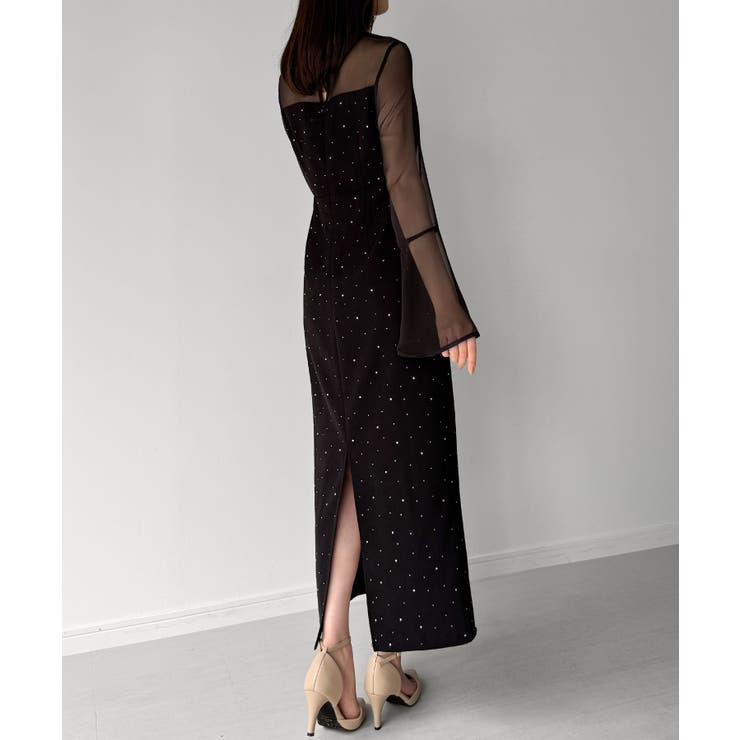 水色 Vネック タイトドレス ベルスリーブ JUNOAH ドレス ベルスリーブキラキラタイトドレス : ZOZOTOWN