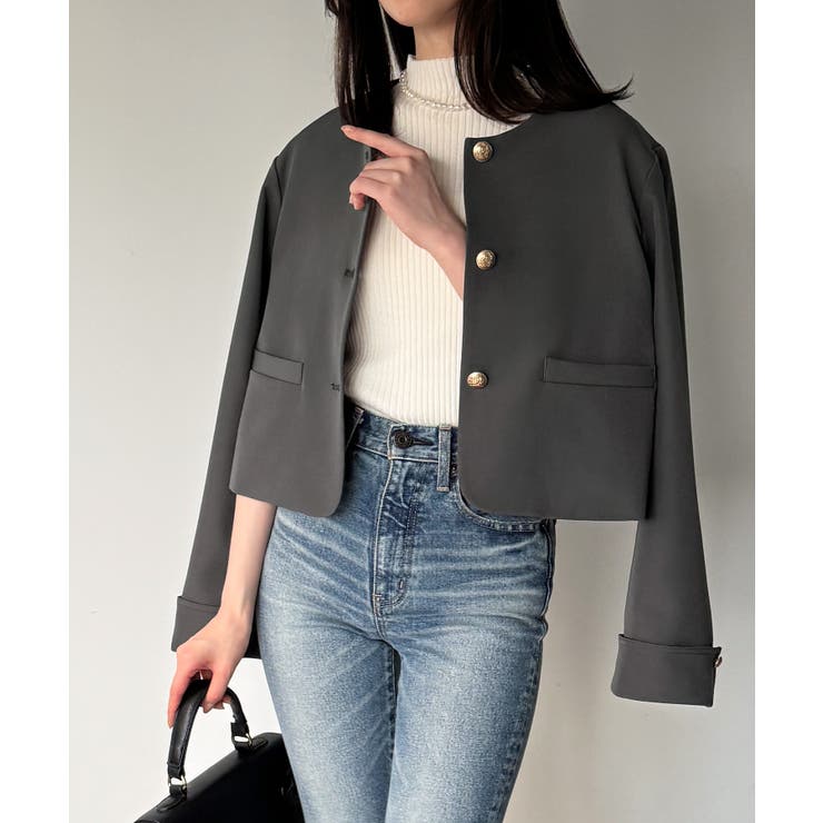 金釦ショート丈ノーカラージャケット | JUNOAH | 詳細画像13 