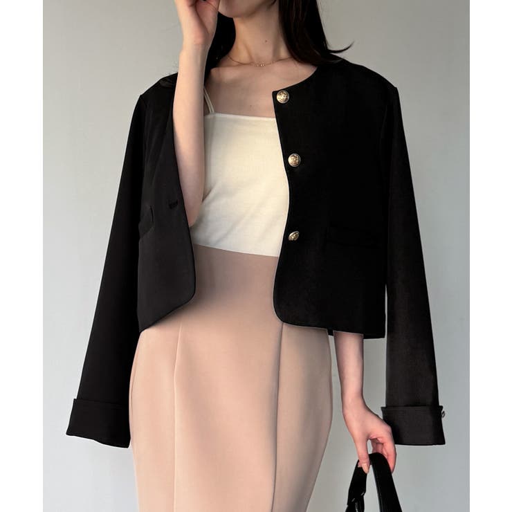 ブラック | 金釦ショート丈ノーカラージャケット | JUNOAH