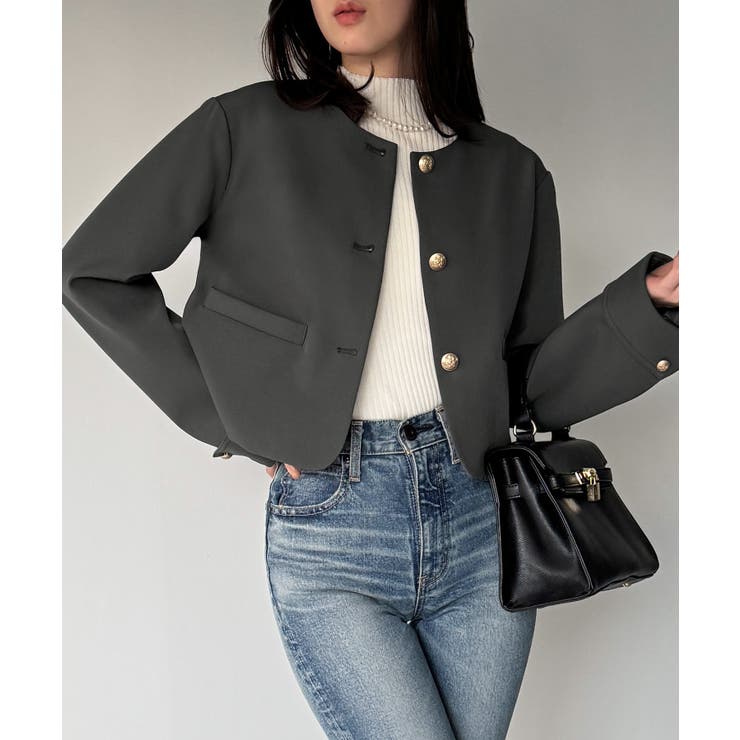 チャコール | 金釦ショート丈ノーカラージャケット | JUNOAH