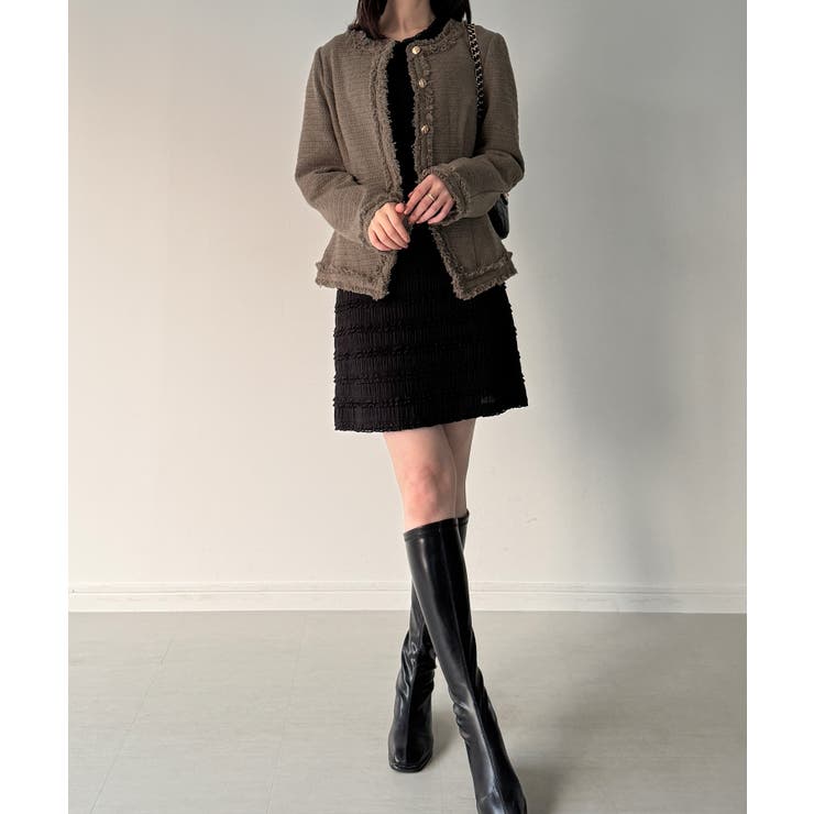 【新品同様】アナイ　2021　ツイードジャケット　ノーカラー　金ボタン　フリンジ ANAYI アナイ ツイード ノーカラー ジャケット フリンジ フォーマル