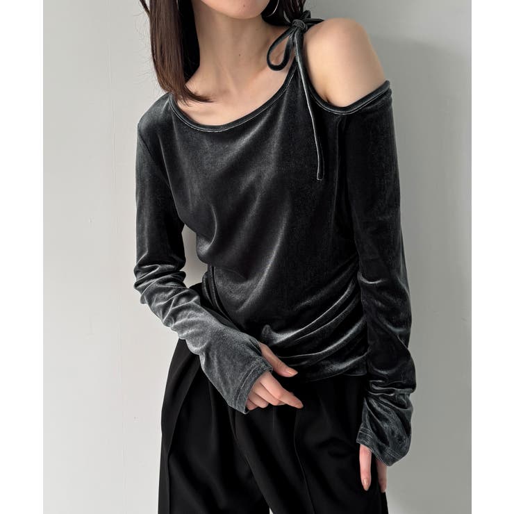 チャコール | アシメ肩リボンベロアトップス | JUNOAH