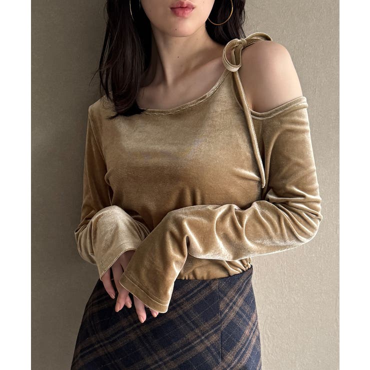 グレイッシュベージュ | アシメ肩リボンベロアトップス | JUNOAH
