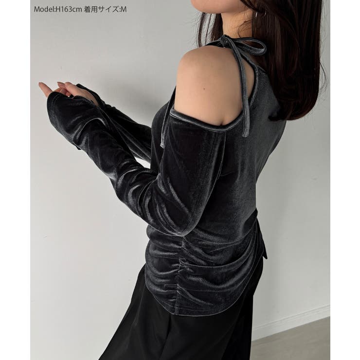 アシメ肩リボンベロアトップス | JUNOAH | 詳細画像2 