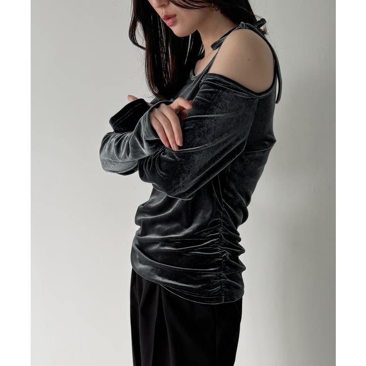 アシメ肩リボンベロアトップス | JUNOAH | 詳細画像4 