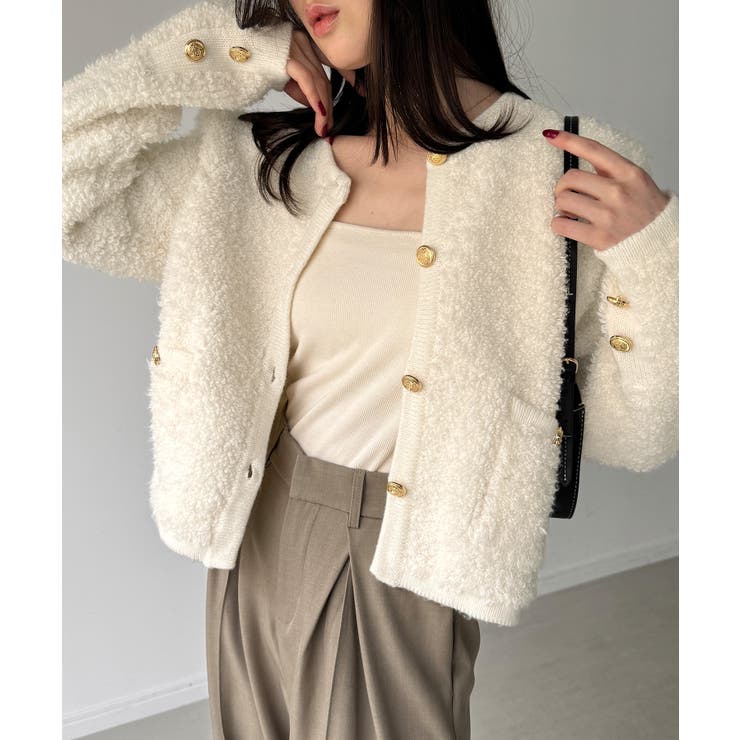 ホワイト | パイル編み金釦ニットジャケット | JUNOAH