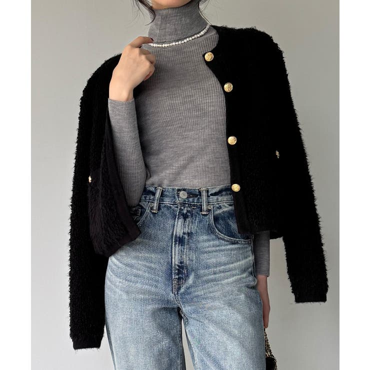 ブラック | パイル編み金釦ニットジャケット | JUNOAH