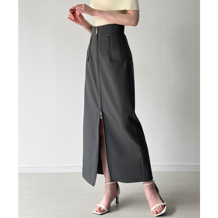 フロントファスナーポケ付きナロースカート（薄手、裏地なし）[品番