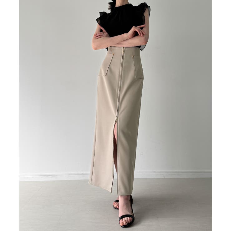 フロントファスナーポケ付きナロースカート（薄手、裏地なし