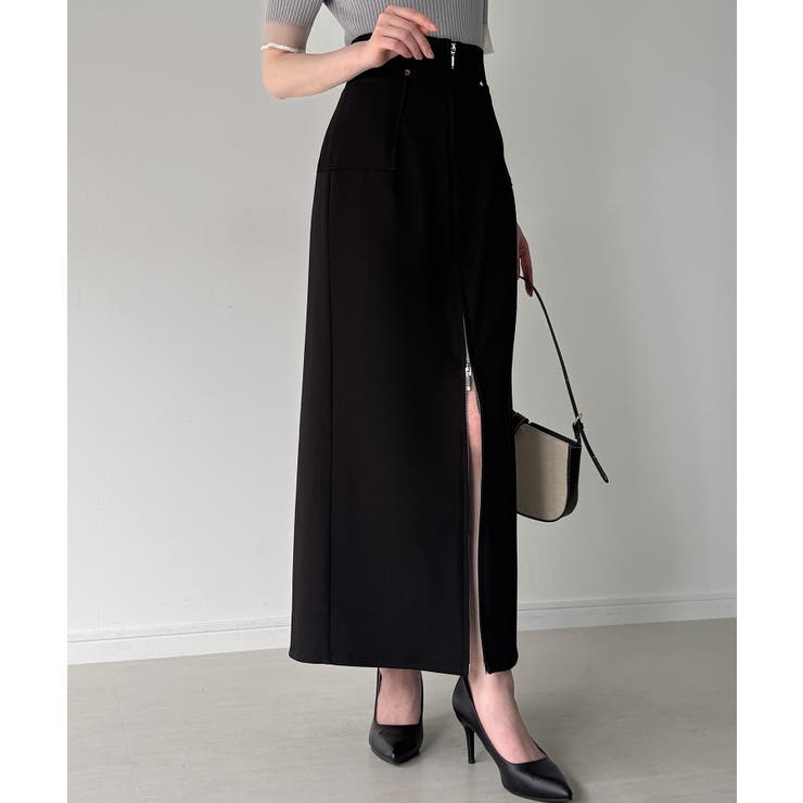 フロントファスナーポケ付きナロースカート（薄手、裏地なし）[品番