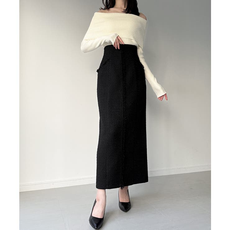 ブラック | ツイードバックレースアップIラインスカート | JUNOAH