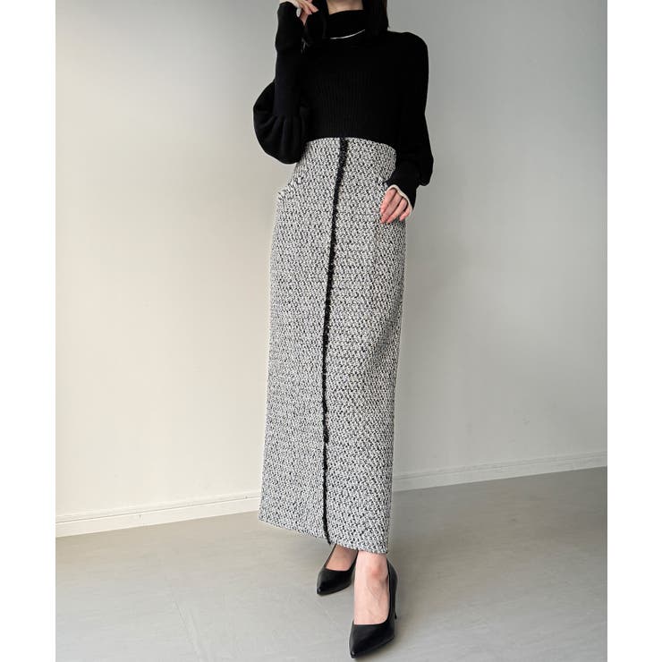 ブラックホワイト | ツイードバックレースアップIラインスカート | JUNOAH