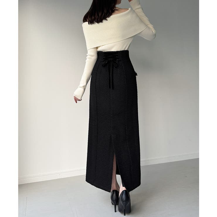 ツイードバックレースアップIラインスカート | JUNOAH | 詳細画像4 