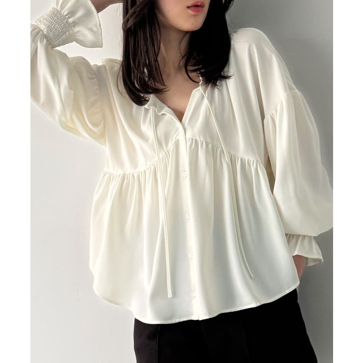 ホワイト | Vネックペプラムギャザーブラウス | JUNOAH