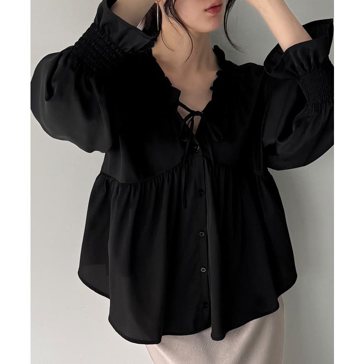 ブラック | Vネックペプラムギャザーブラウス | JUNOAH