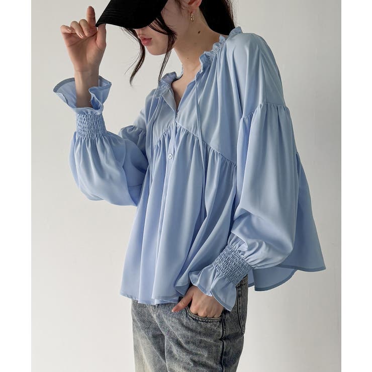 ライトブルー | Vネックペプラムギャザーブラウス | JUNOAH