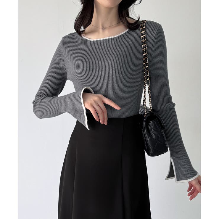 ボートネックフレアスリーブバイカラーニット | JUNOAH | 詳細画像9 