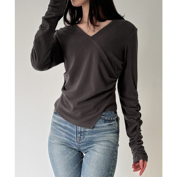 チャコール | 微起毛カシュクールドレープカットソー | JUNOAH