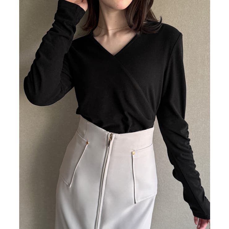 ブラック | 微起毛カシュクールドレープカットソー | JUNOAH
