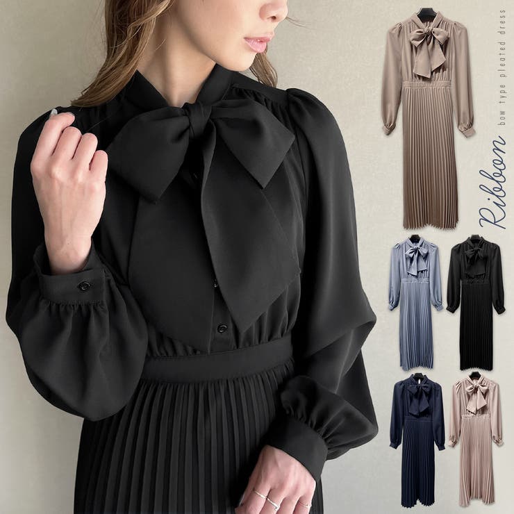 リボンボウタイプリーツワンピース[品番：AMTW0004232]｜JUNOAH