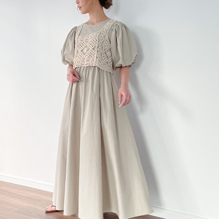 グレー | ビスチェ付きパフスリーブマキシ丈ワンピース | JUNOAH