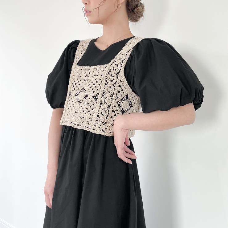 ブラック | ビスチェ付きパフスリーブマキシ丈ワンピース | JUNOAH