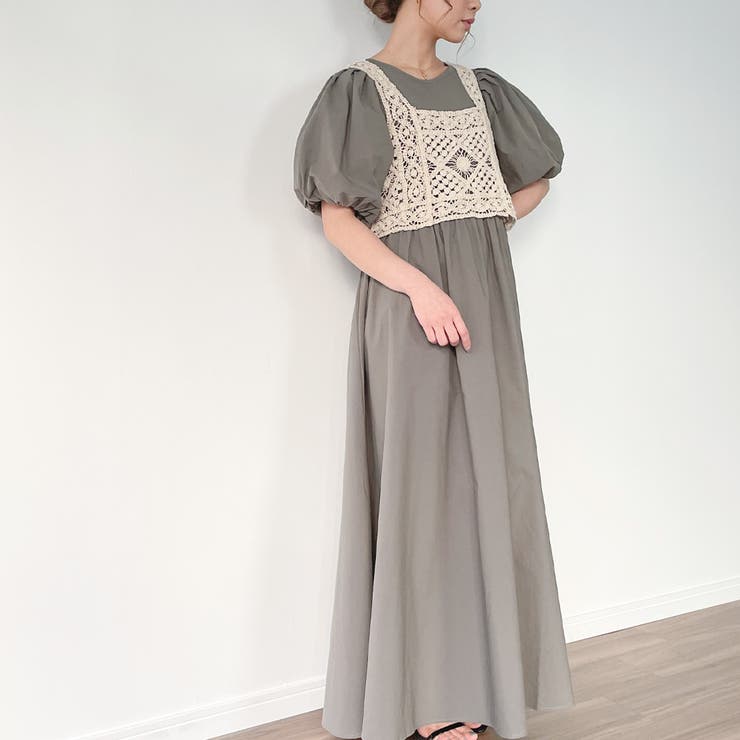 チャコール | ビスチェ付きパフスリーブマキシ丈ワンピース | JUNOAH